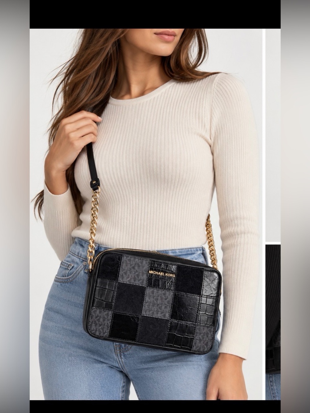 Michael Kors Ginny Medium Woven Leather Crossbody Bag Black Patchwork